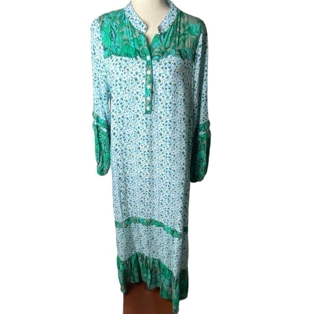 maxi boho dress puffed sleeves green festival concert hippie - Picture 3 of 5